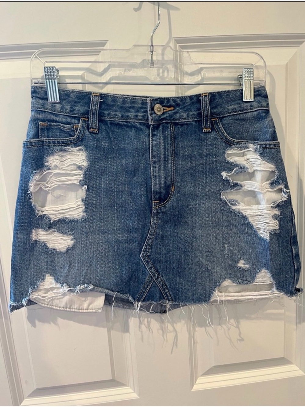 Hollister Distressed Blue Denim Midi Skirt